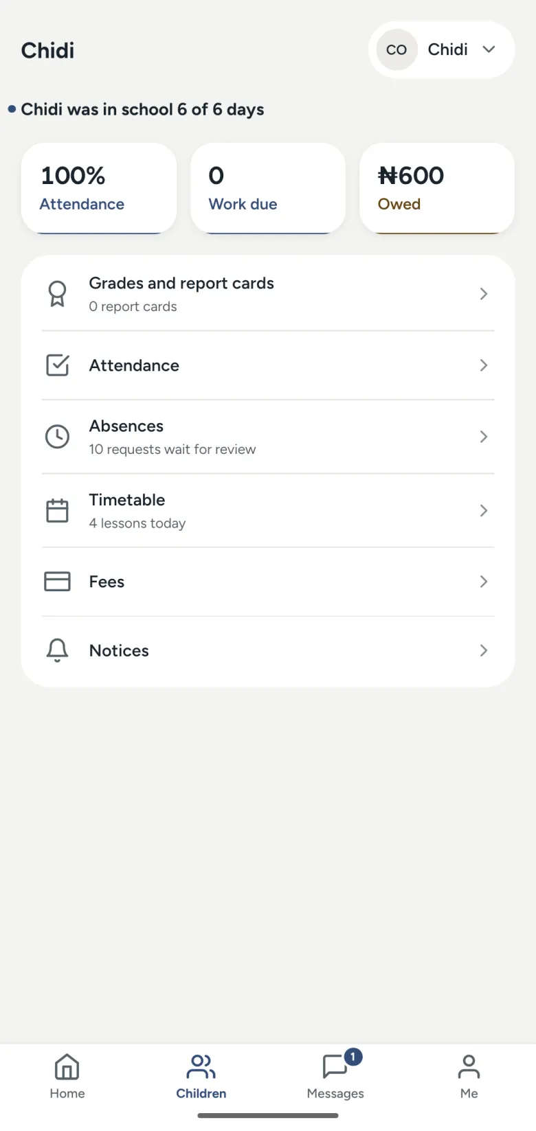 A child's page in the family app: attendance, timetable, fees and report cards.
