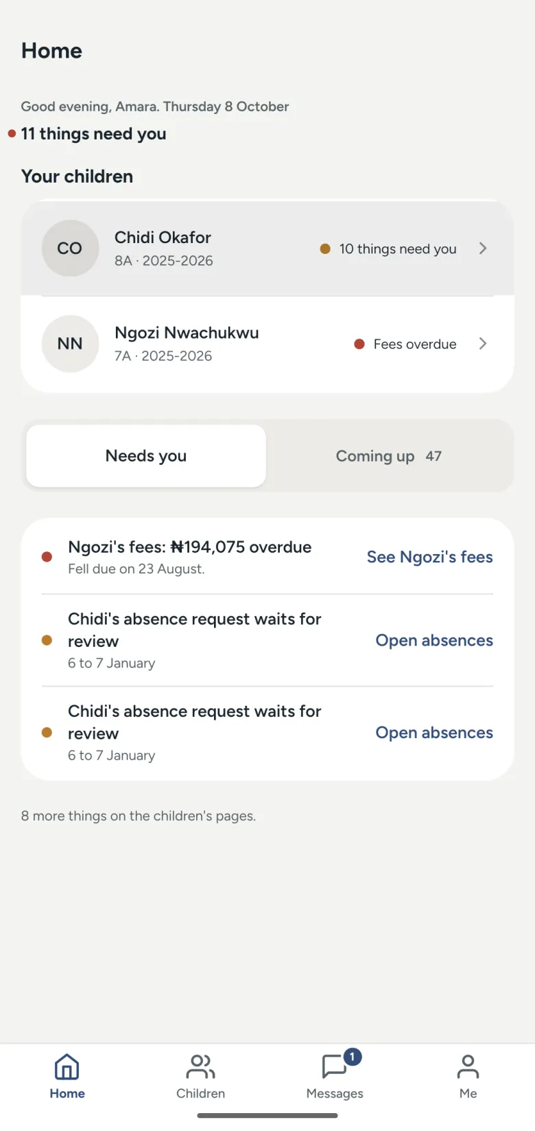 The family app: two children on one account, with unpaid fees and absence requests at a glance.