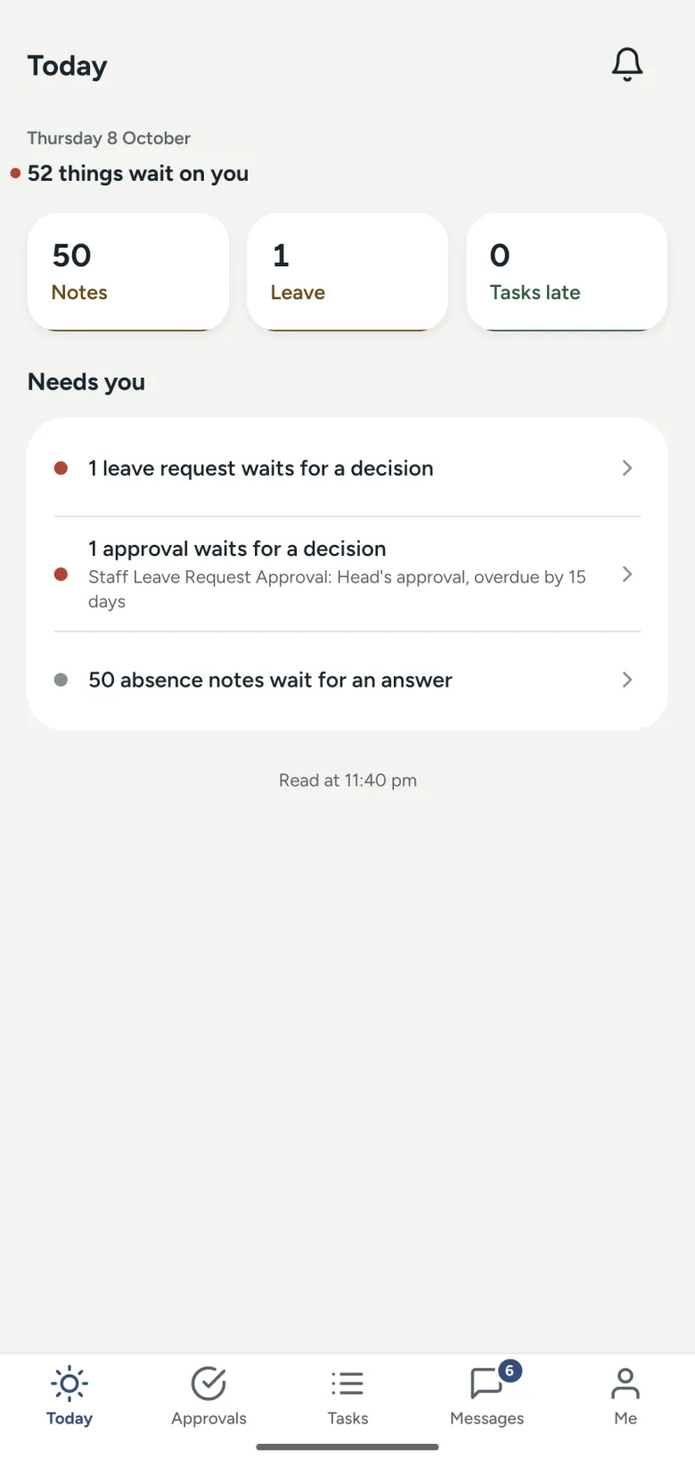 The staff screen of the Gakuin phone app.