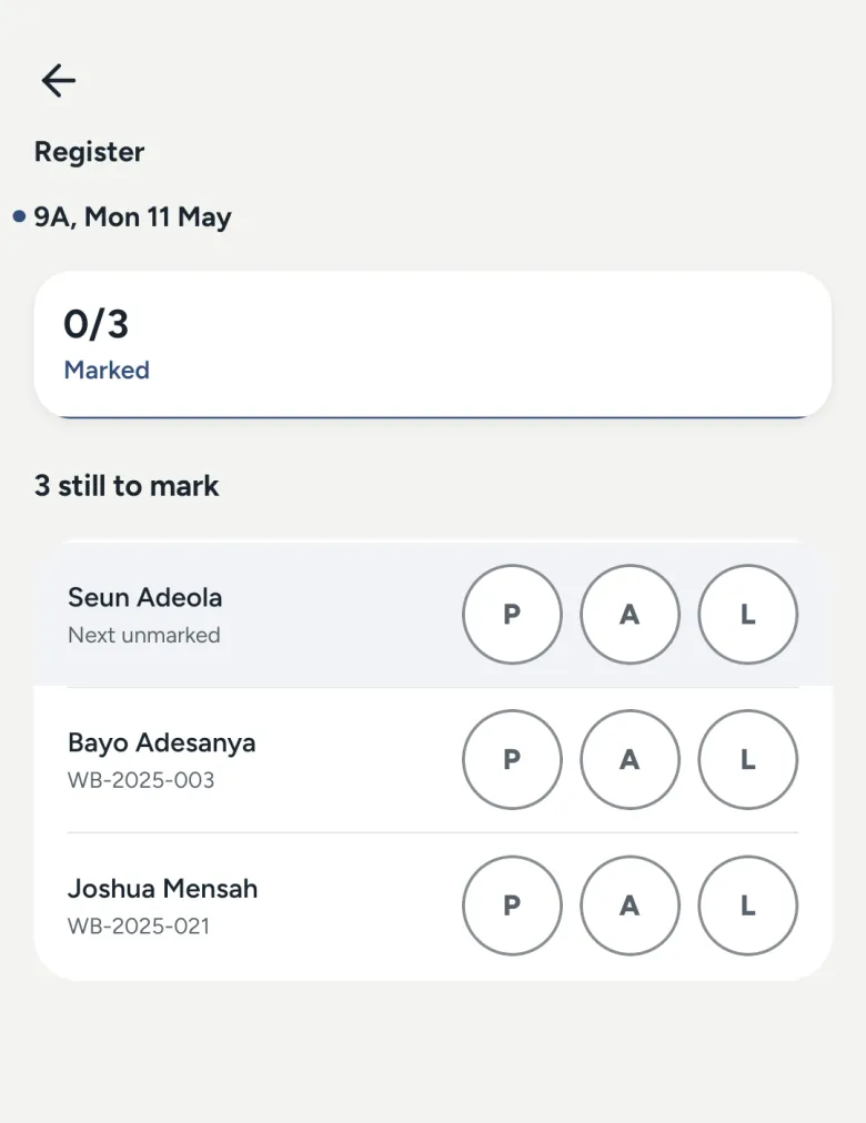 A teacher's register on a phone: each pupil marked present, absent or late.