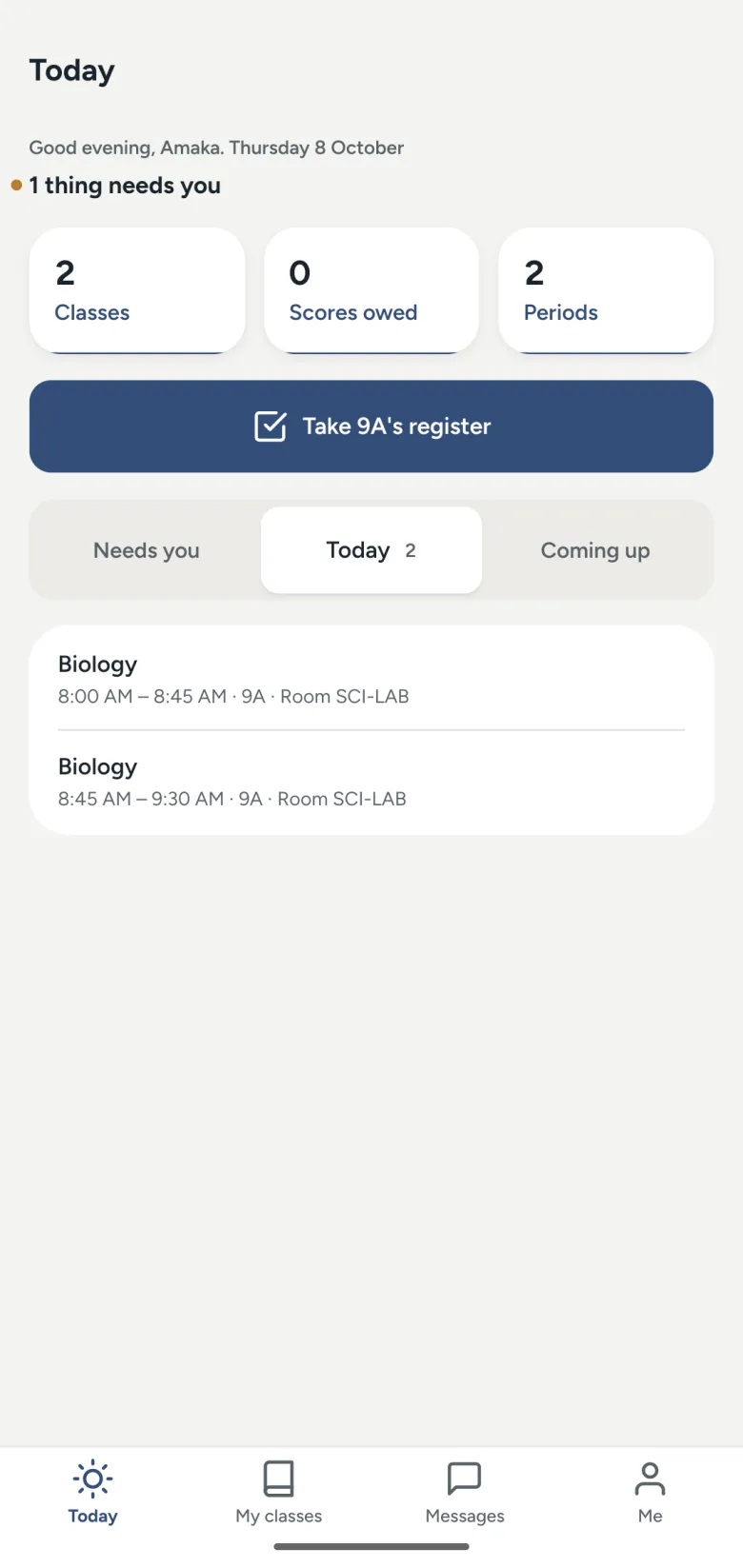 The teachers screen of the Gakuin phone app.