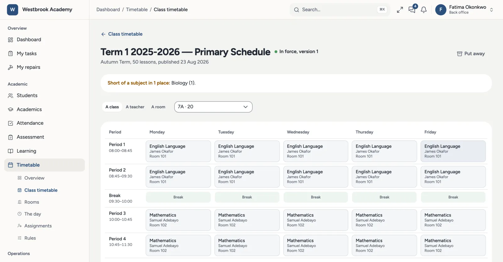 The timetable desk: published schedules, rooms, teacher assignments and active conflicts.